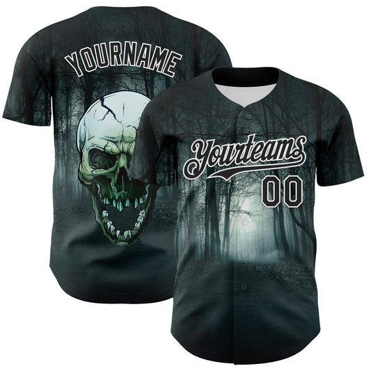 Custom Black White 3D Spooky Skull Authentic Baseball Jersey - Main View