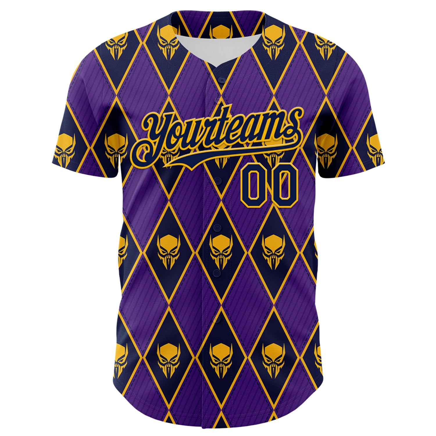 Custom Purple Navy-Gold 3D Skull Authentic Baseball Jersey view 2