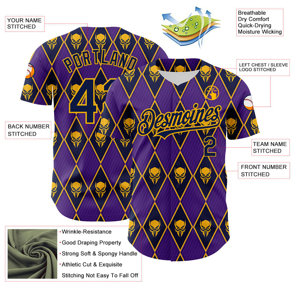 Custom Purple Navy-Gold 3D Skull Authentic Baseball Jersey view 3