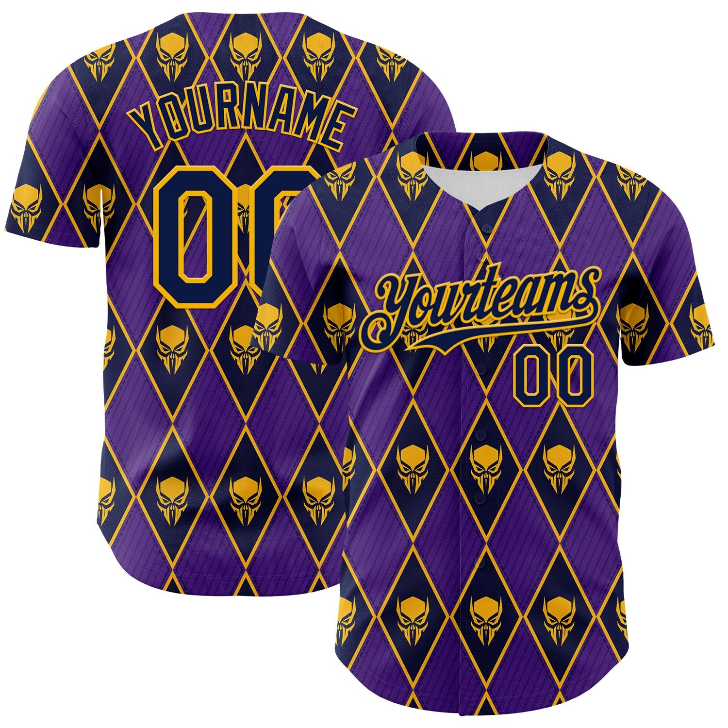 Custom Purple Navy-Gold 3D Skull Authentic Baseball Jersey - Main View
