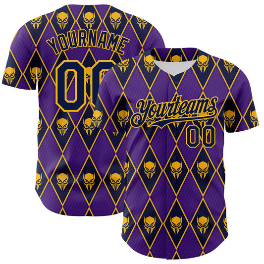 Custom Purple Navy-Gold 3D Skull Authentic Baseball Jersey - Main View
