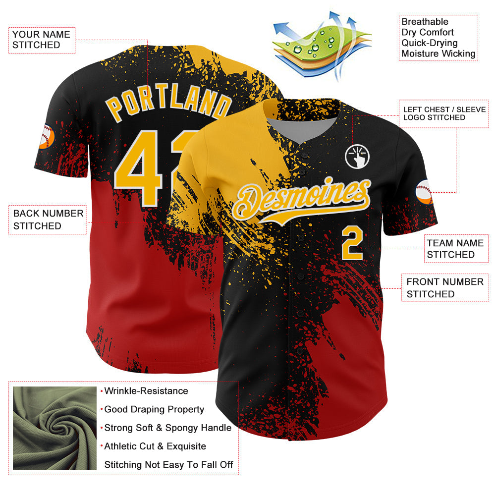 Custom Gold Black-Red 3D Pattern Design Abstract Brush Stroke Authentic Baseball Jersey view 3