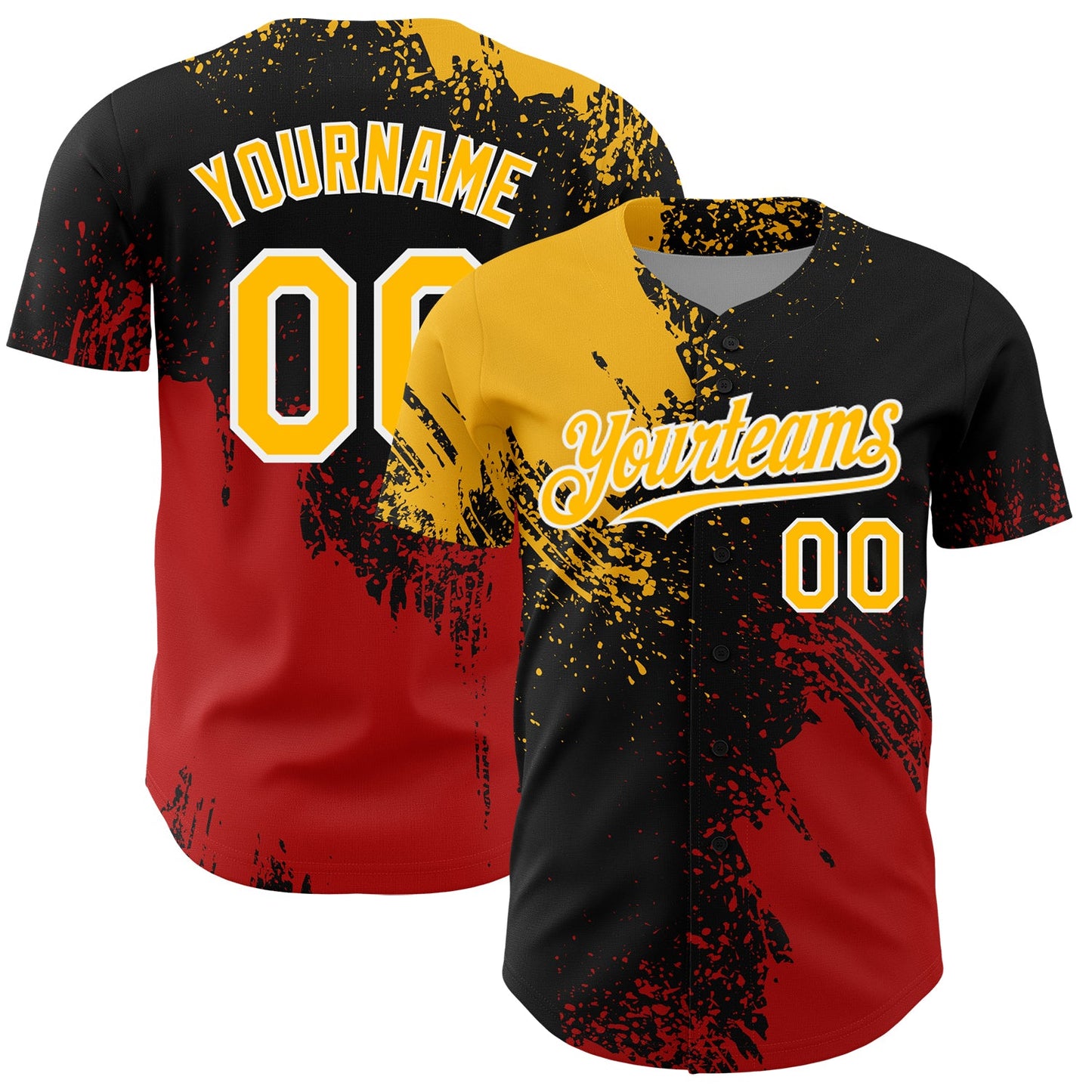 Custom Gold Black-Red 3D Pattern Design Abstract Brush Stroke Authentic Baseball Jersey - Main View