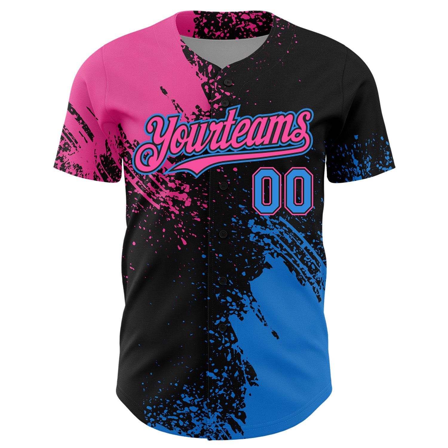 Custom Pink Electric Blue-Black 3D Pattern Design Abstract Brush Stroke Authentic Baseball Jersey view 2