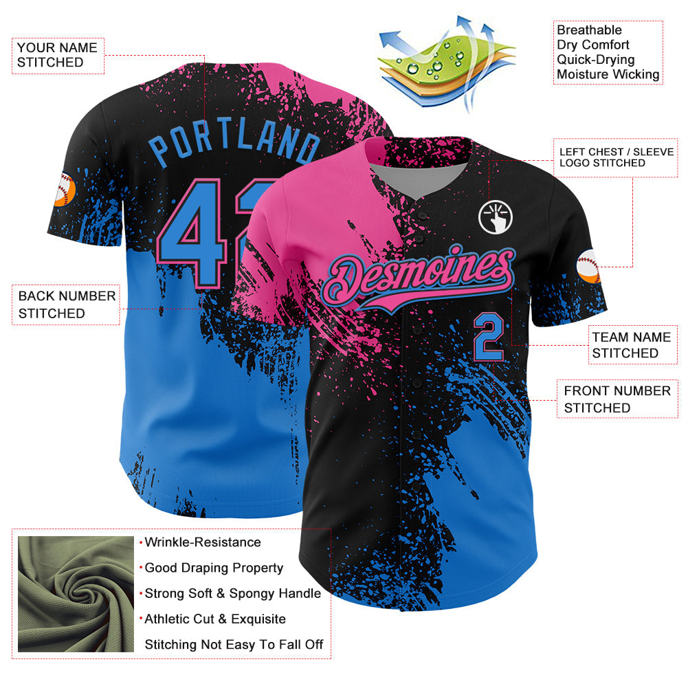 Custom Pink Electric Blue-Black 3D Pattern Design Abstract Brush Stroke Authentic Baseball Jersey view 3
