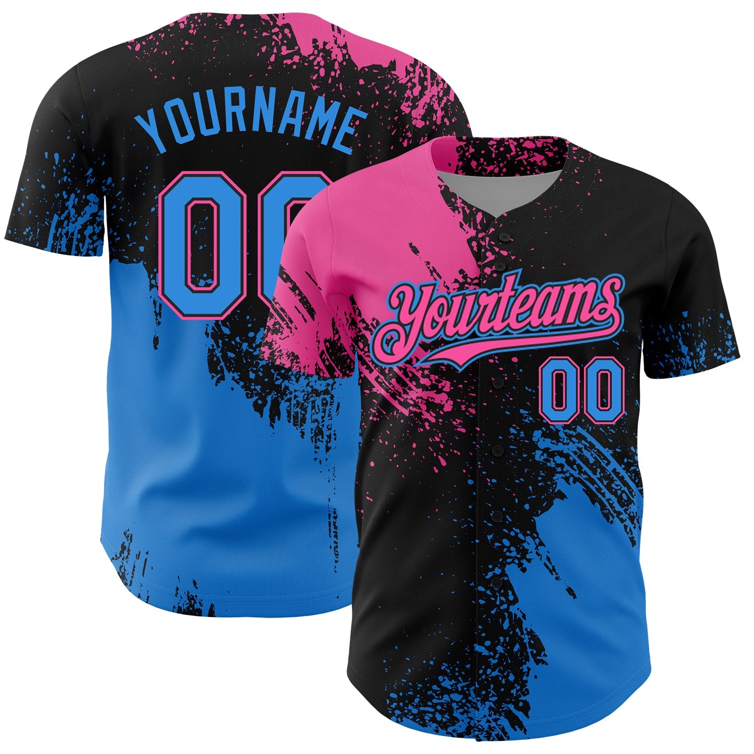 Custom Pink Electric Blue-Black 3D Pattern Design Abstract Brush Stroke Authentic Baseball Jersey - Main View