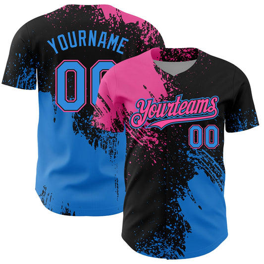 Custom Pink Electric Blue-Black 3D Pattern Design Abstract Brush Stroke Authentic Baseball Jersey - Main View