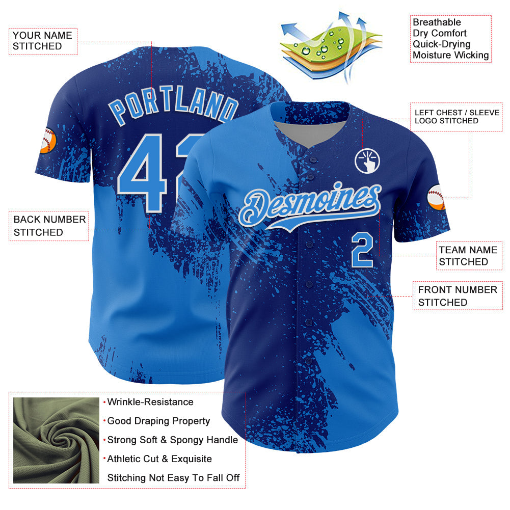 Custom Electric Blue Royal-White 3D Pattern Design Abstract Brush Stroke Authentic Baseball Jersey view 3