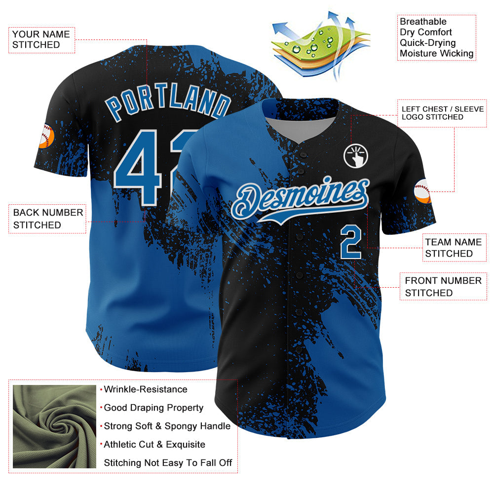 Custom Blue Black-White 3D Pattern Design Abstract Brush Stroke Authentic Baseball Jersey view 3