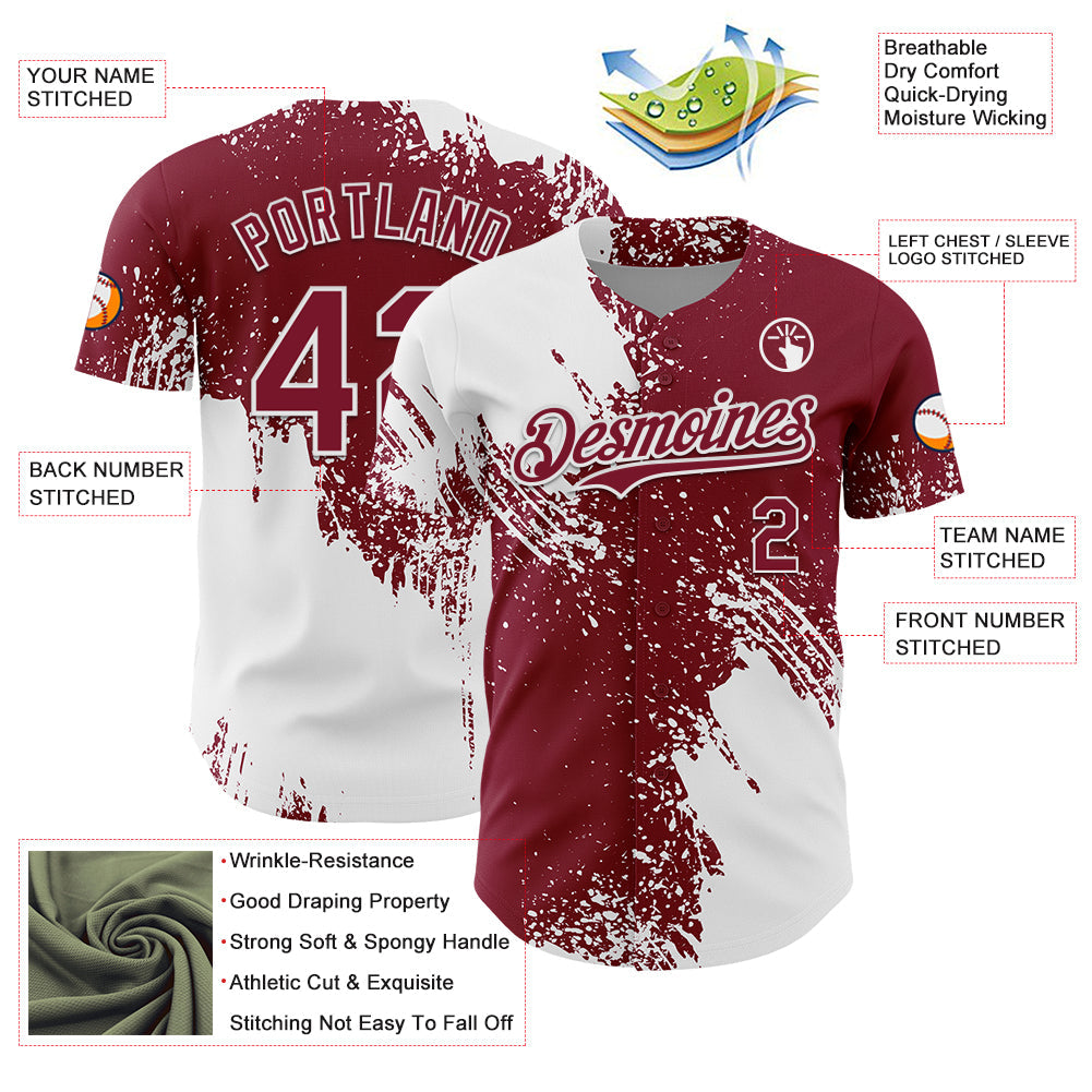 Custom White Crimson 3D Pattern Design Abstract Brush Stroke Authentic Baseball Jersey view 3