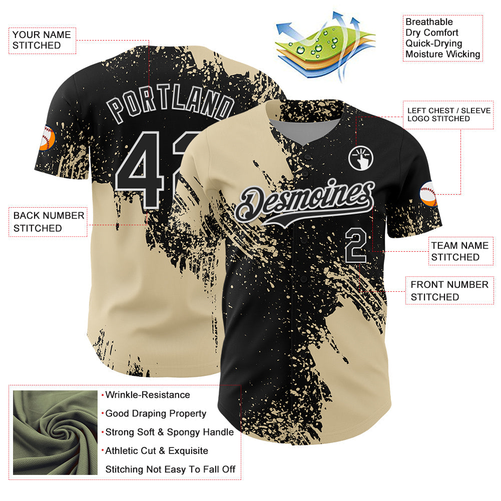 Custom Cream Black-White 3D Pattern Design Abstract Brush Stroke Authentic Baseball Jersey view 3