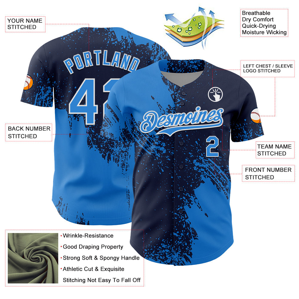 Custom Electric Blue Navy-White 3D Pattern Design Abstract Brush Stroke Authentic Baseball Jersey view 3