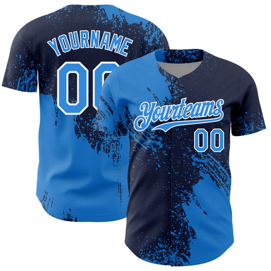 Custom Electric Blue Navy-White 3D Pattern Design Abstract Brush Stroke Authentic Baseball Jersey - Main View