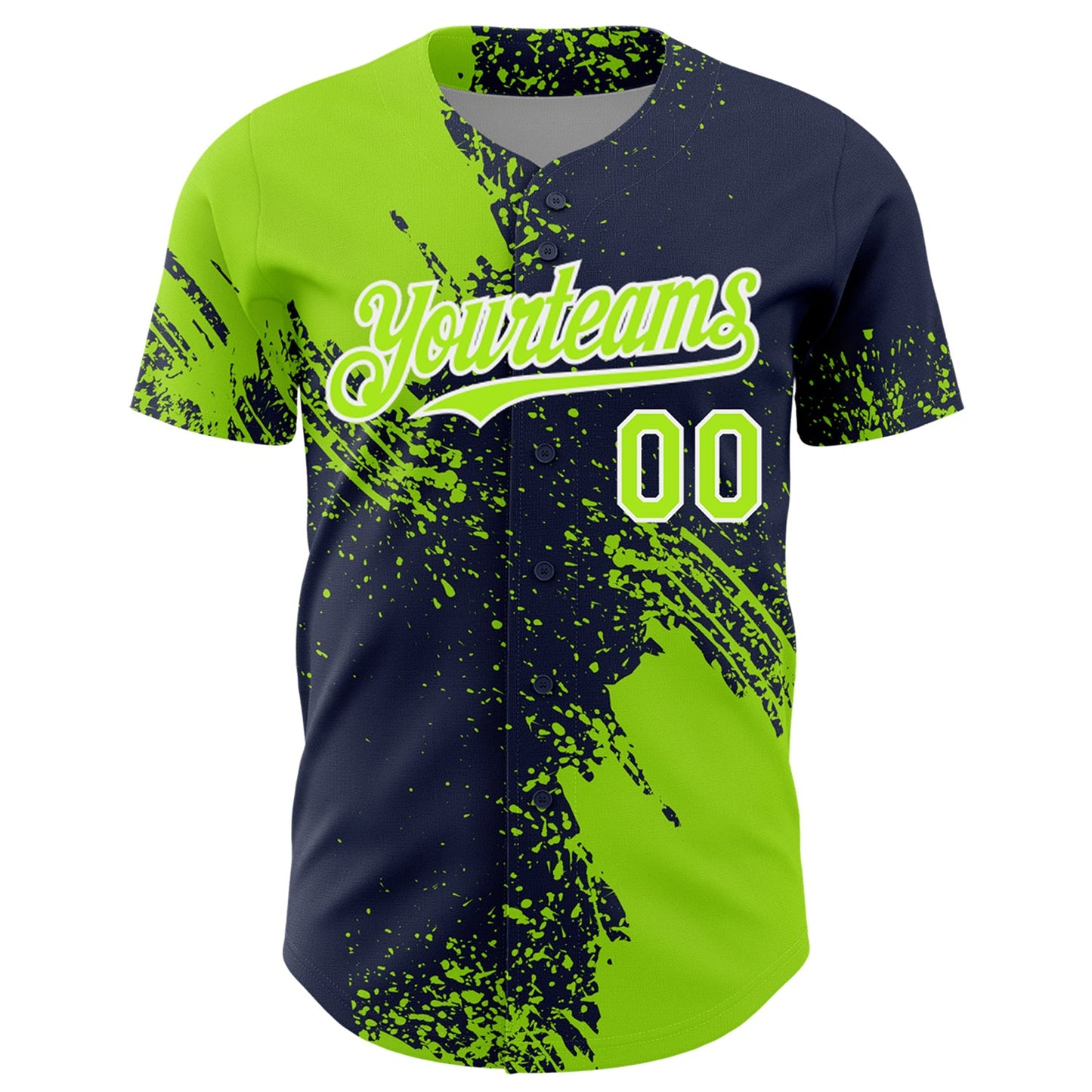 Custom Neon Green Navy-White 3D Pattern Design Abstract Brush Stroke Authentic Baseball Jersey view 2