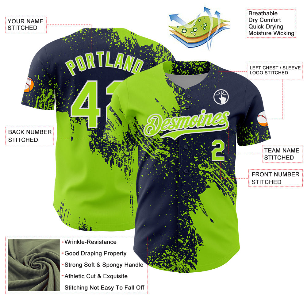 Custom Neon Green Navy-White 3D Pattern Design Abstract Brush Stroke Authentic Baseball Jersey view 3