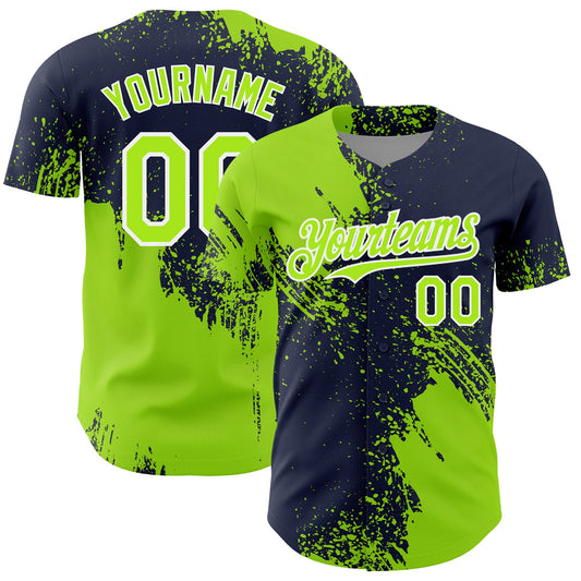 Custom Neon Green Navy-White 3D Pattern Design Abstract Brush Stroke Authentic Baseball Jersey - Main View