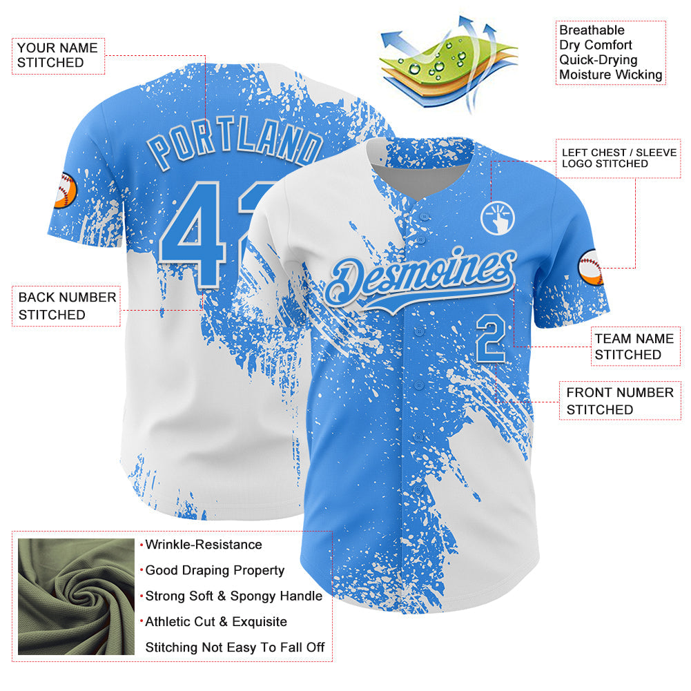 Custom White Electric Blue 3D Pattern Design Abstract Brush Stroke Authentic Baseball Jersey view 3
