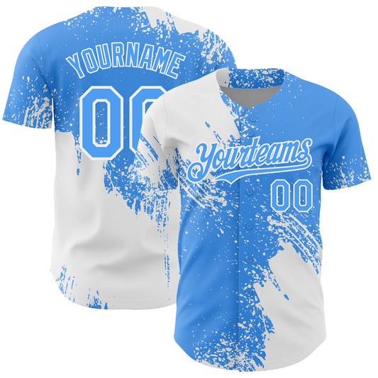 Custom White Electric Blue 3D Pattern Design Abstract Brush Stroke Authentic Baseball Jersey - Main View