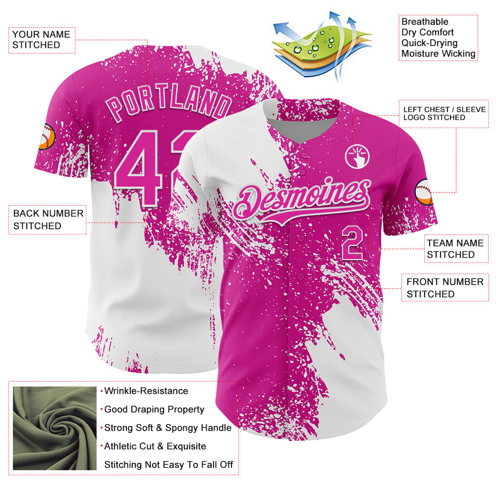 Custom White Deep Pink 3D Pattern Design Abstract Brush Stroke Authentic Baseball Jersey view 3