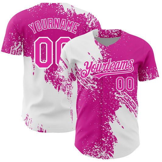 Custom White Deep Pink 3D Pattern Design Abstract Brush Stroke Authentic Baseball Jersey - Main View