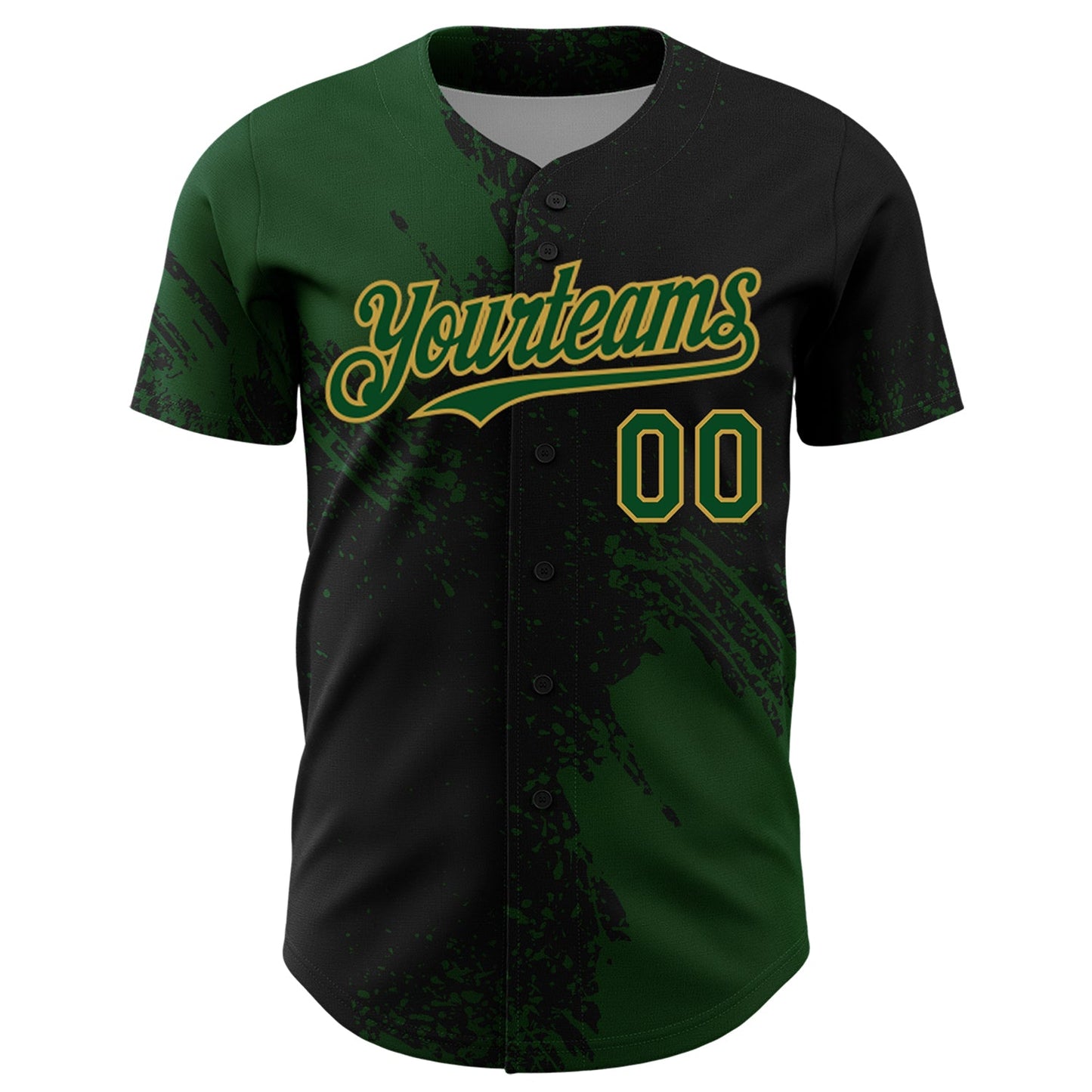Custom Green Black-Old Gold 3D Pattern Design Abstract Brush Stroke Authentic Baseball Jersey view 2