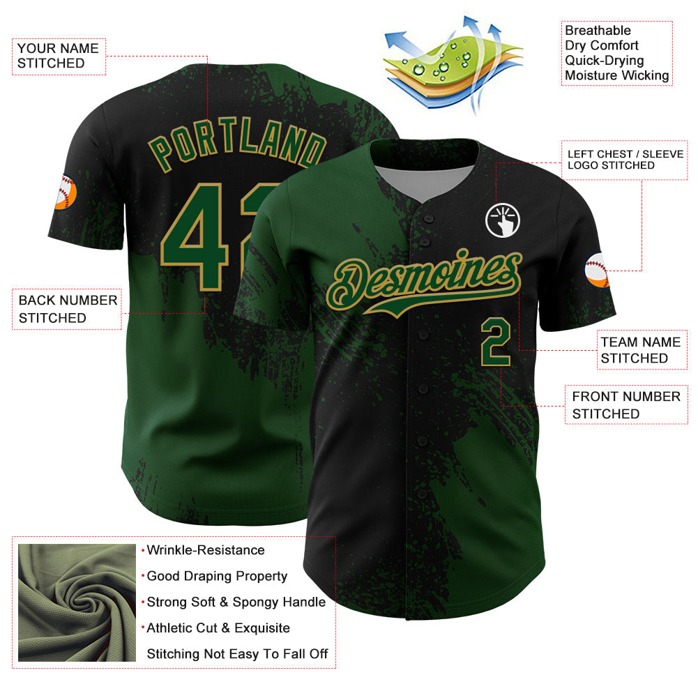 Custom Green Black-Old Gold 3D Pattern Design Abstract Brush Stroke Authentic Baseball Jersey view 3