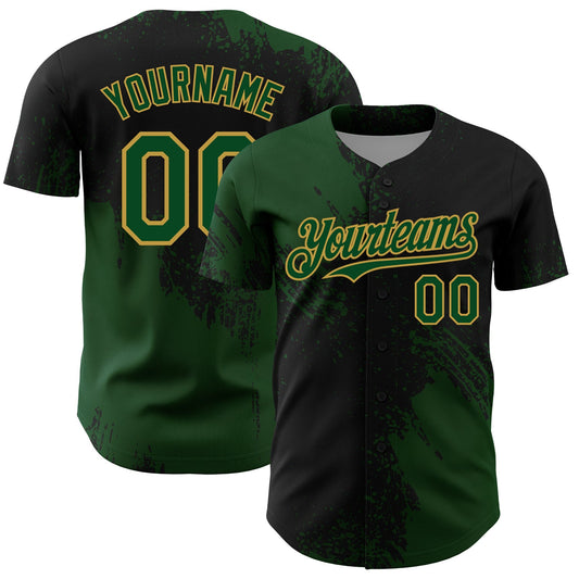 Custom Green Black-Old Gold 3D Pattern Design Abstract Brush Stroke Authentic Baseball Jersey - Main View