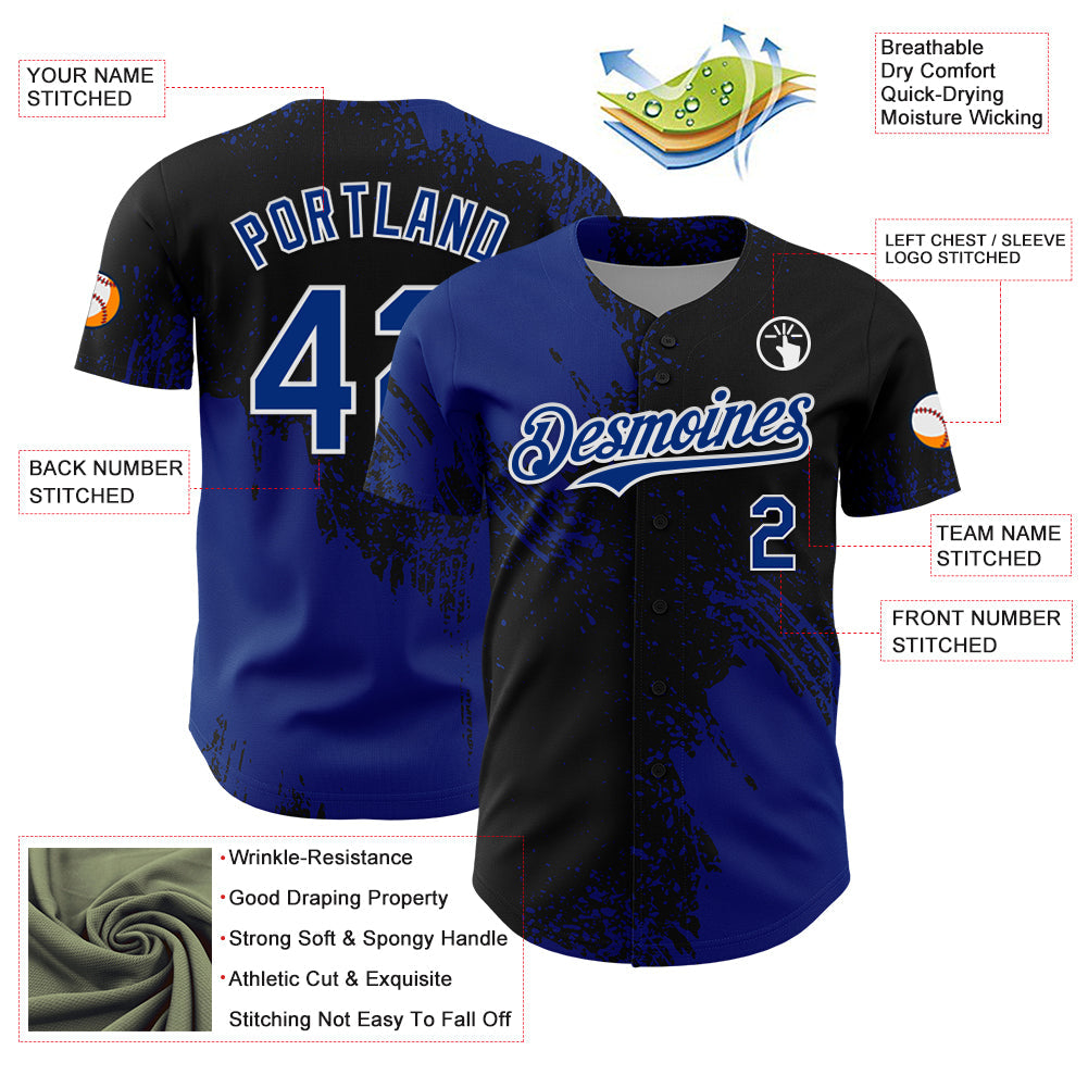 Custom Royal Black-White 3D Pattern Design Abstract Brush Stroke Authentic Baseball Jersey view 3