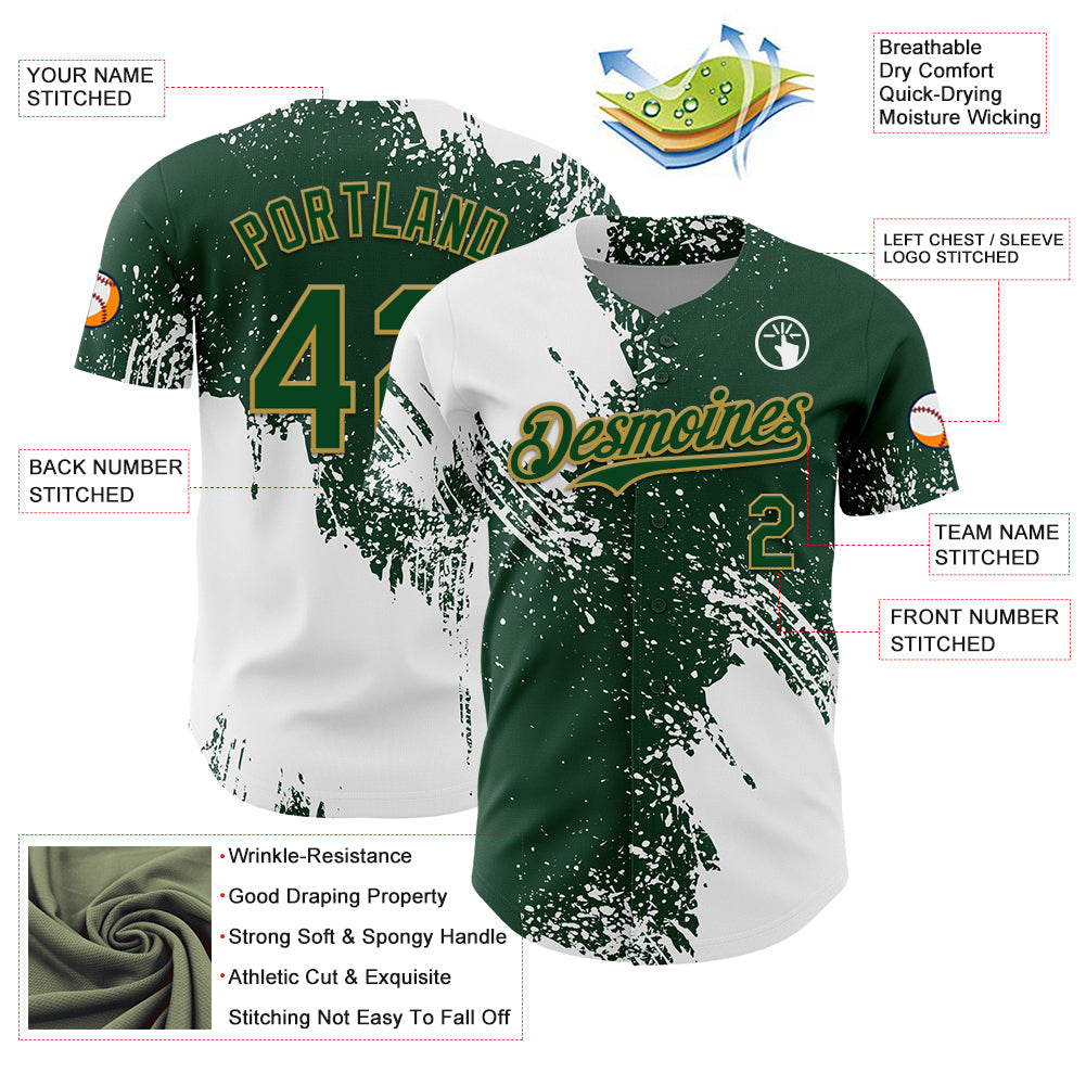 Custom White Green-Old Gold 3D Pattern Design Abstract Brush Stroke Authentic Baseball Jersey view 3
