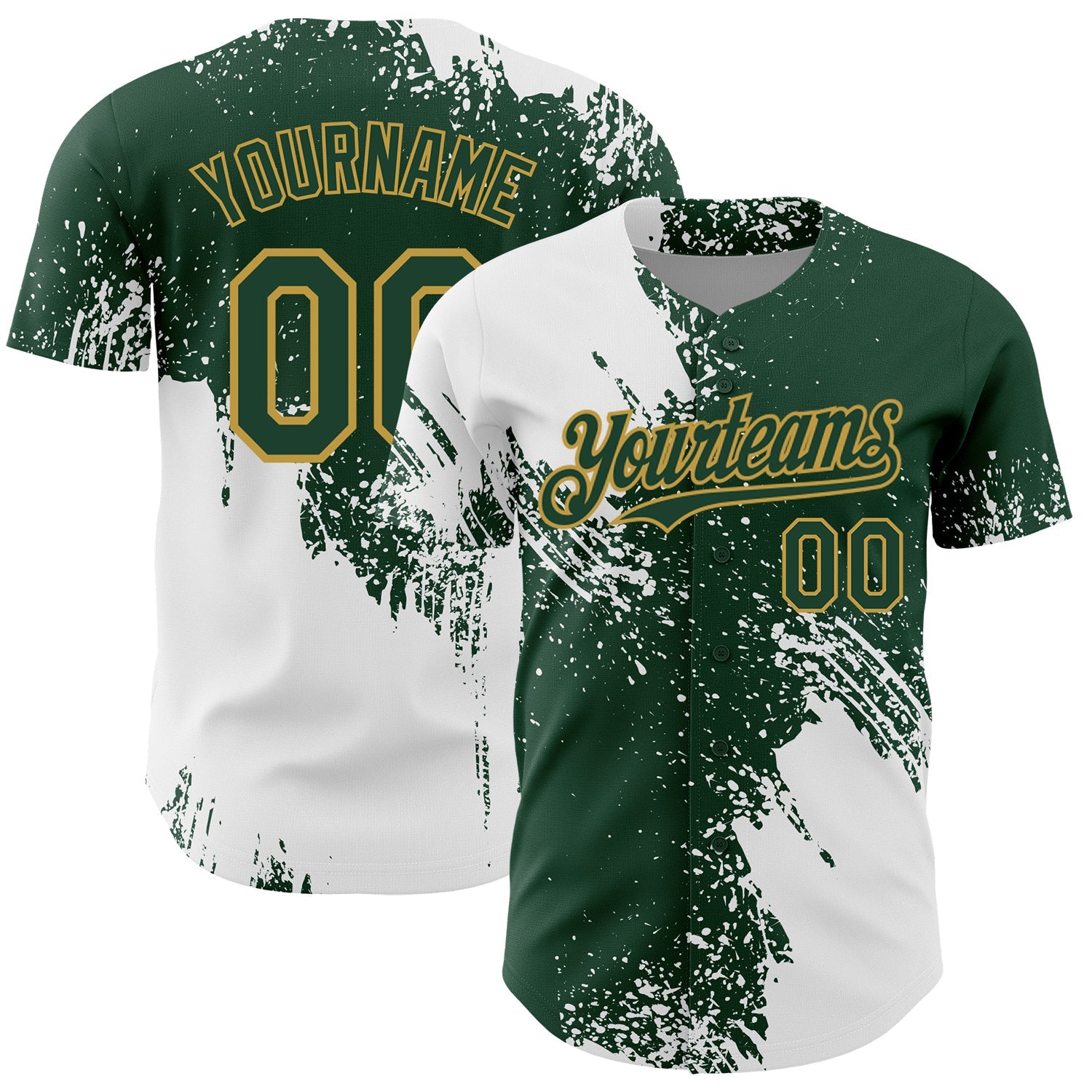 Custom White Green-Old Gold 3D Pattern Design Abstract Brush Stroke Authentic Baseball Jersey - Main View