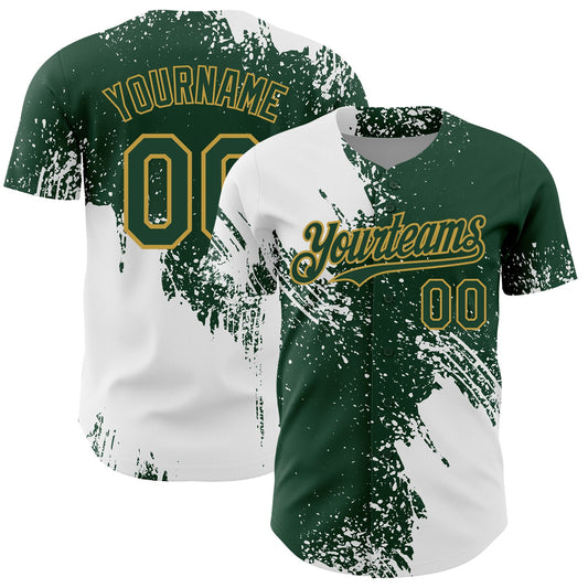 Custom White Green-Old Gold 3D Pattern Design Abstract Brush Stroke Authentic Baseball Jersey - Main View