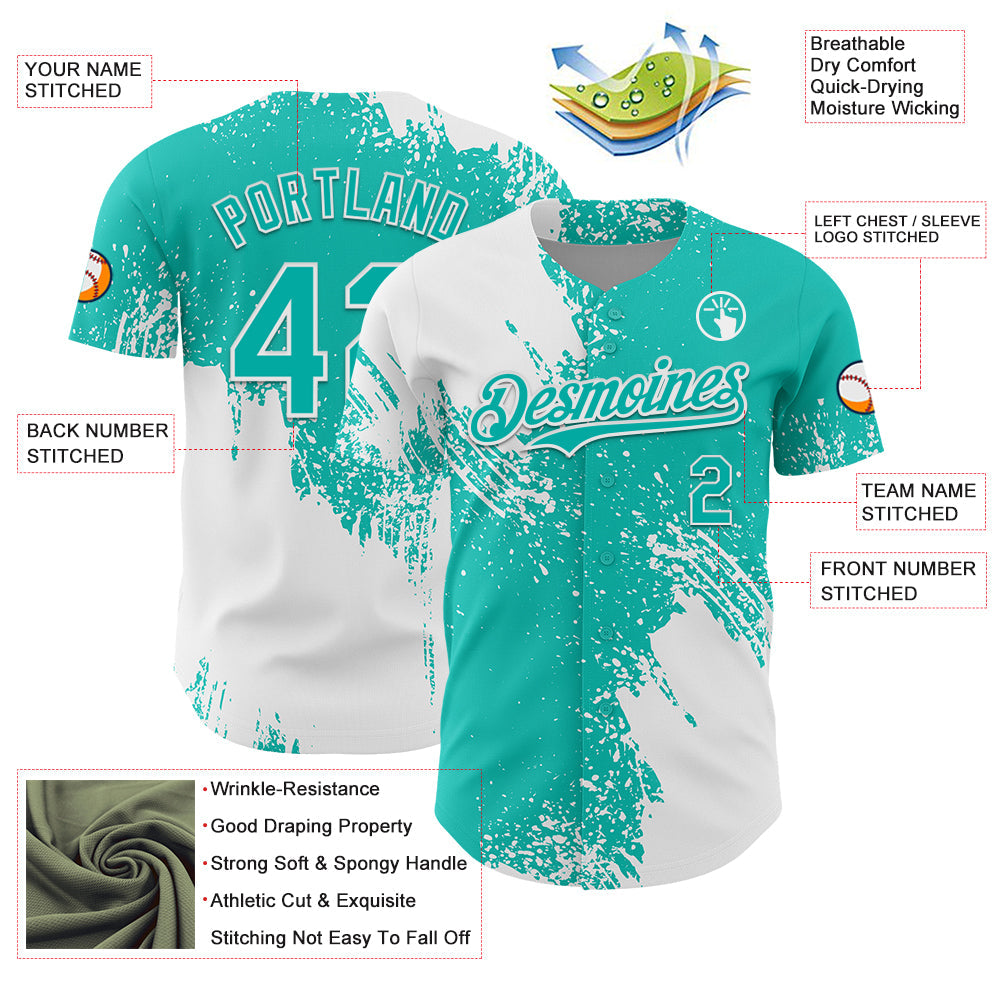 Custom White Aqua 3D Pattern Design Abstract Brush Stroke Authentic Baseball Jersey view 3