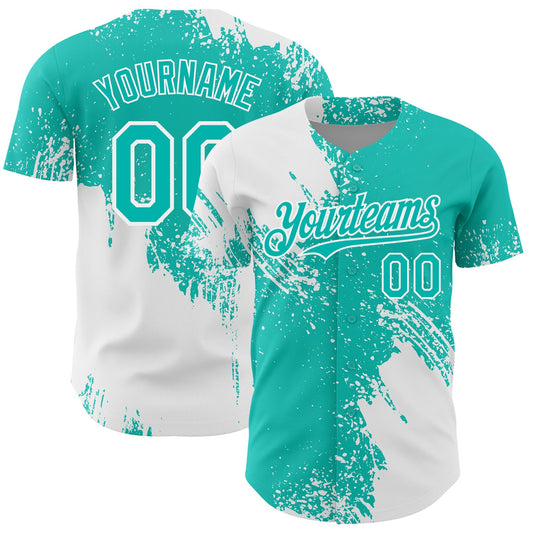 Custom White Aqua 3D Pattern Design Abstract Brush Stroke Authentic Baseball Jersey - Main View
