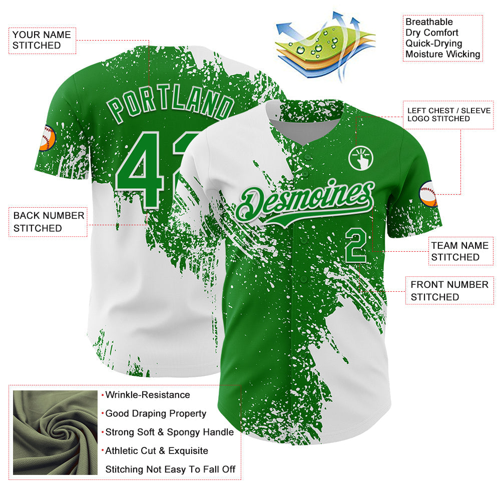 Custom White Grass Green 3D Pattern Design Abstract Brush Stroke Authentic Baseball Jersey view 3