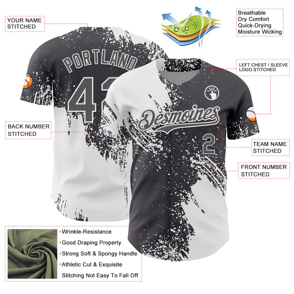 Custom White Steel Gray 3D Pattern Design Abstract Brush Stroke Authentic Baseball Jersey view 3