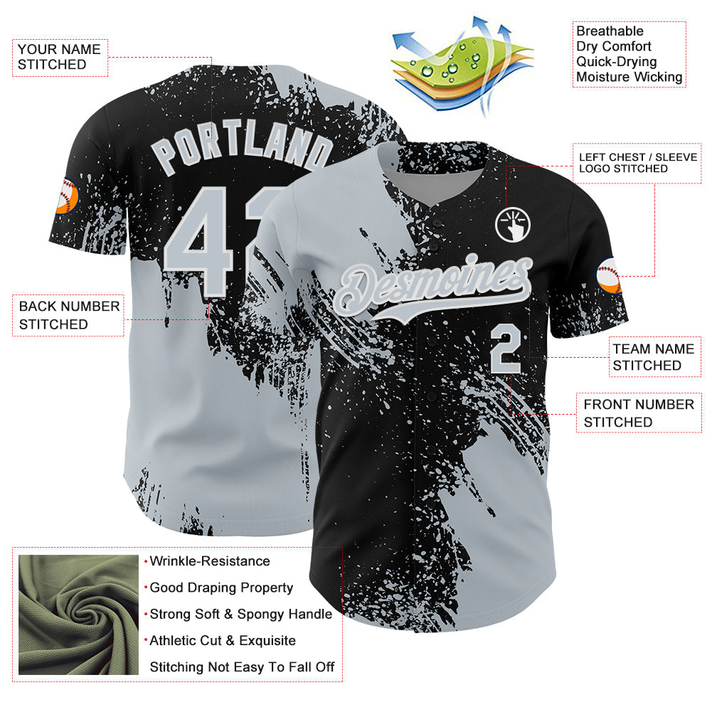 Custom Silver Black-White 3D Pattern Design Abstract Brush Stroke Authentic Baseball Jersey view 3