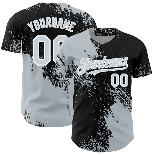 Custom Silver Black-White 3D Pattern Design Abstract Brush Stroke Authentic Baseball Jersey - Main View