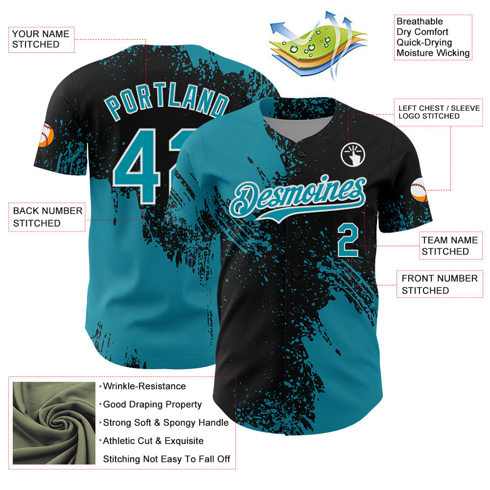 Custom Teal Black-White 3D Pattern Design Abstract Brush Stroke Authentic Baseball Jersey view 3