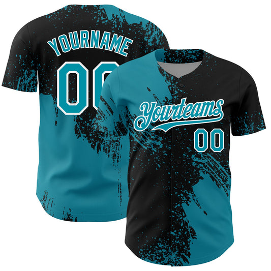 Custom Teal Black-White 3D Pattern Design Abstract Brush Stroke Authentic Baseball Jersey - Main View