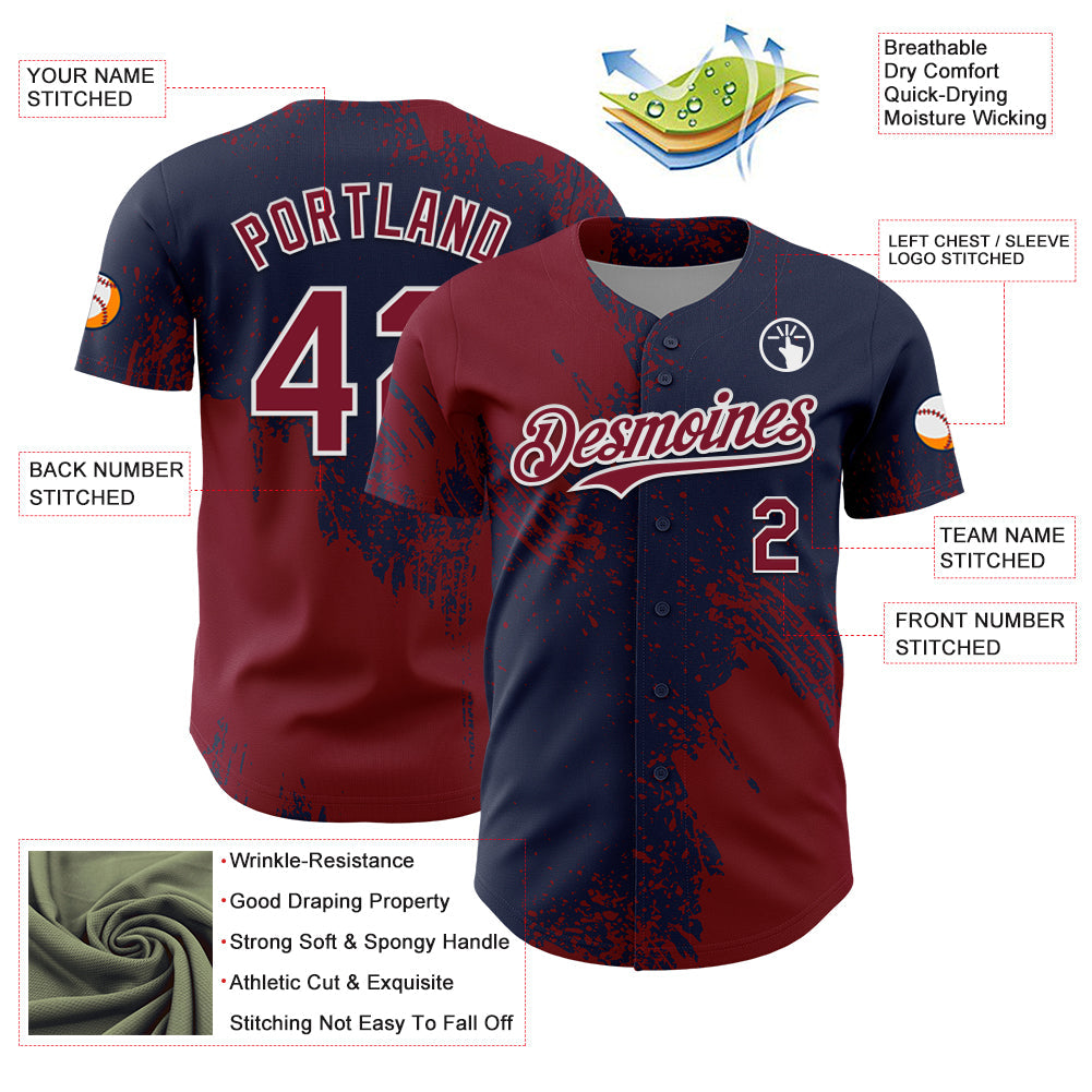 Custom Crimson Navy-White 3D Pattern Design Abstract Brush Stroke Authentic Baseball Jersey view 3