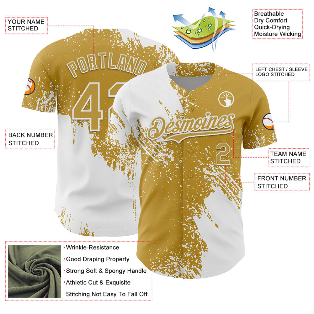 Custom White Old Gold 3D Pattern Design Abstract Brush Stroke Authentic Baseball Jersey view 3