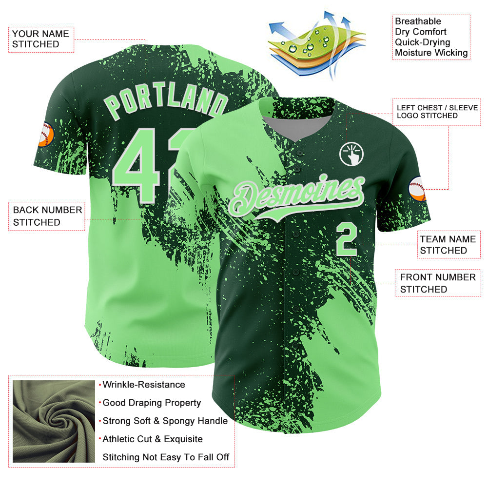 Custom Pea Green Green-White 3D Pattern Design Abstract Brush Stroke Authentic Baseball Jersey view 3