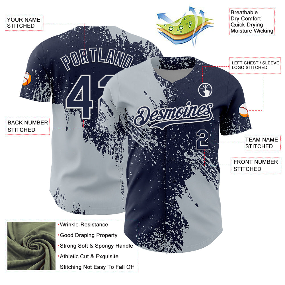 Custom Silver Navy-White 3D Pattern Design Abstract Brush Stroke Authentic Baseball Jersey view 3
