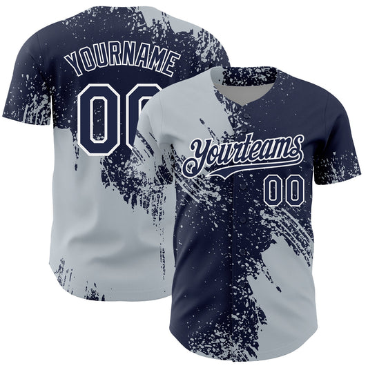 Custom Silver Navy-White 3D Pattern Design Abstract Brush Stroke Authentic Baseball Jersey - Main View