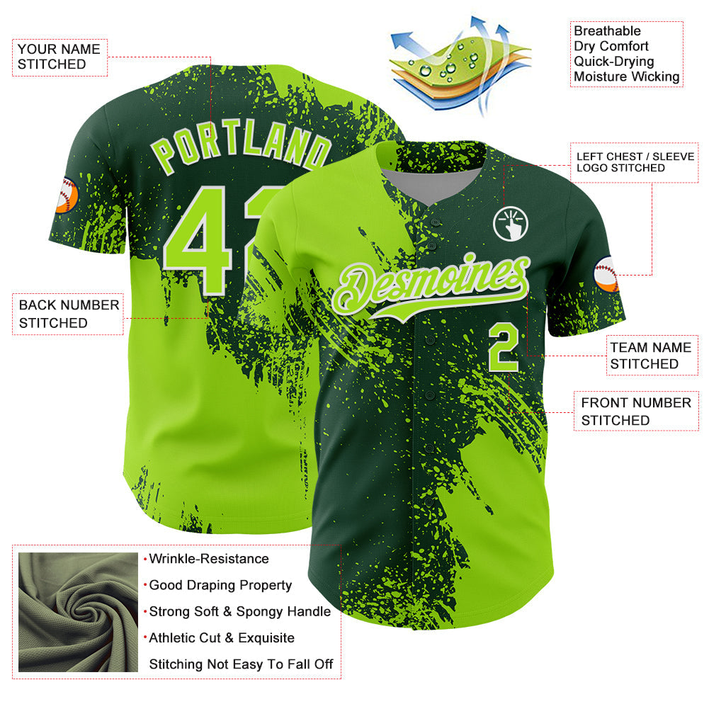 Custom Neon Green Green-White 3D Pattern Design Abstract Brush Stroke Authentic Baseball Jersey view 3