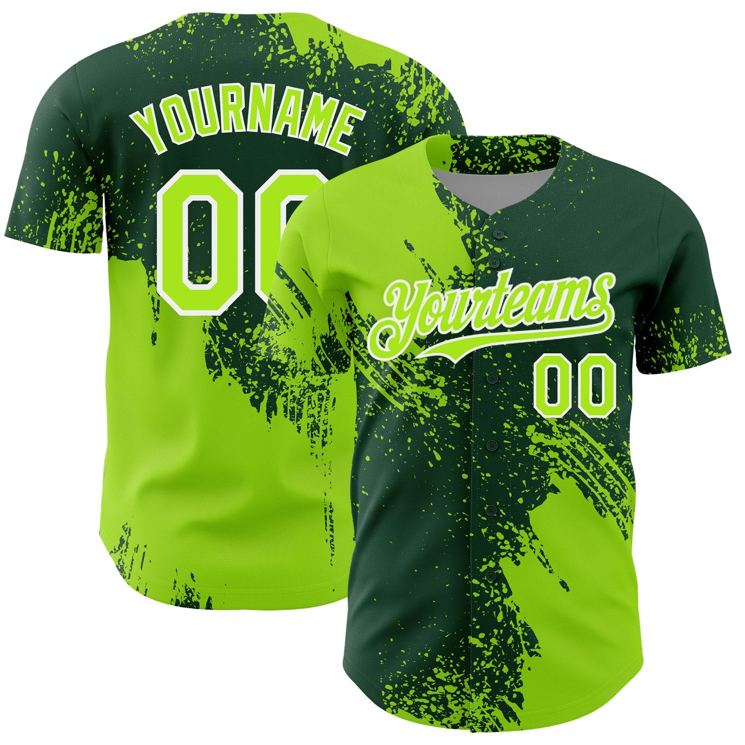 Custom Neon Green Green-White 3D Pattern Design Abstract Brush Stroke Authentic Baseball Jersey - Main View