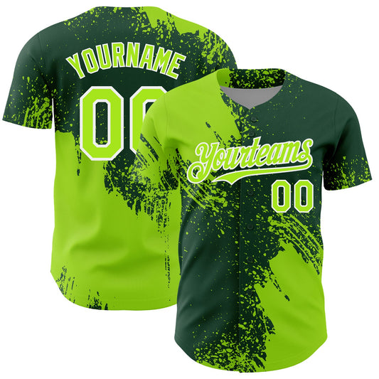 Custom Neon Green Green-White 3D Pattern Design Abstract Brush Stroke Authentic Baseball Jersey - Main View