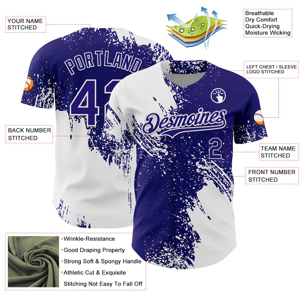 Custom White Dark Purple 3D Pattern Design Abstract Brush Stroke Authentic Baseball Jersey view 3