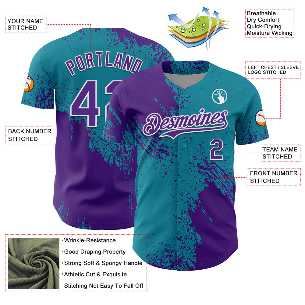 Custom Purple Teal-White 3D Pattern Design Abstract Brush Stroke Authentic Baseball Jersey view 3