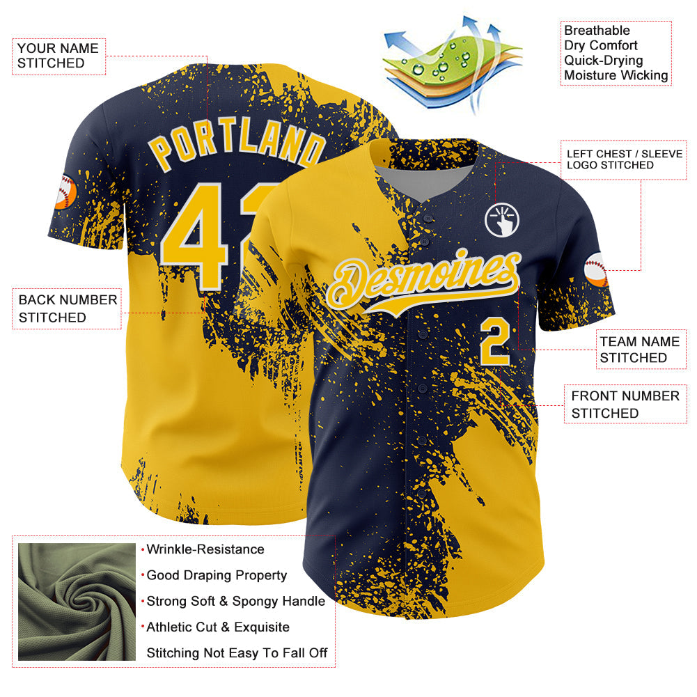 Custom Yellow Navy-White 3D Pattern Design Abstract Brush Stroke Authentic Baseball Jersey view 3